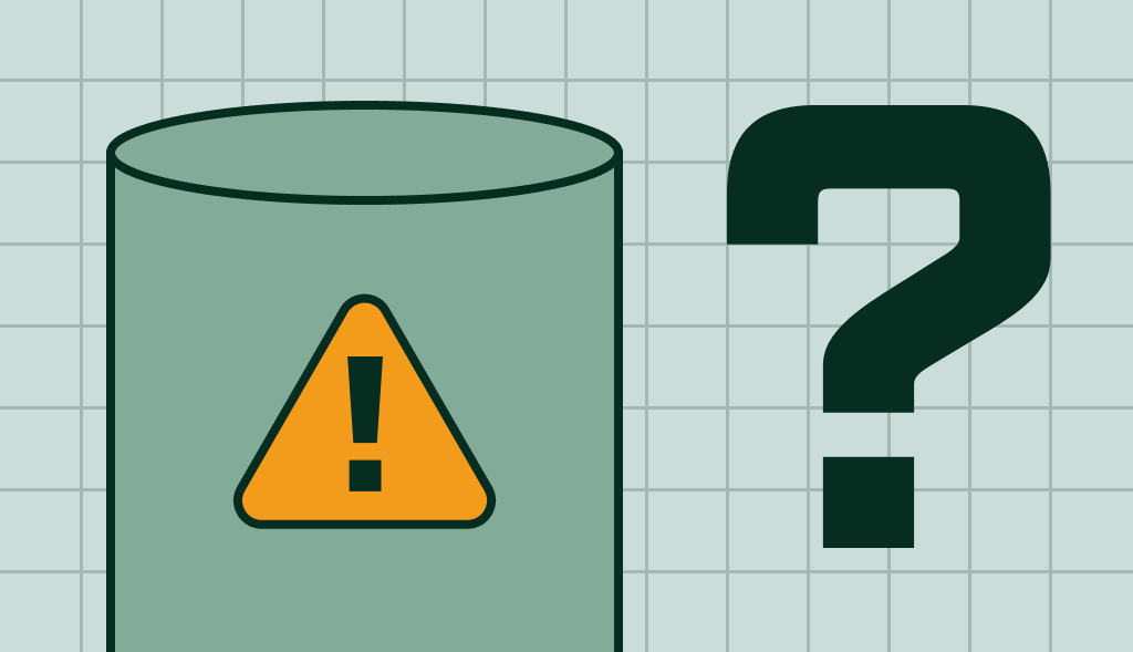 Water heater with a yellow warning sign next to a large question mark, suggesting a possible problem or uncertainty with the tank.