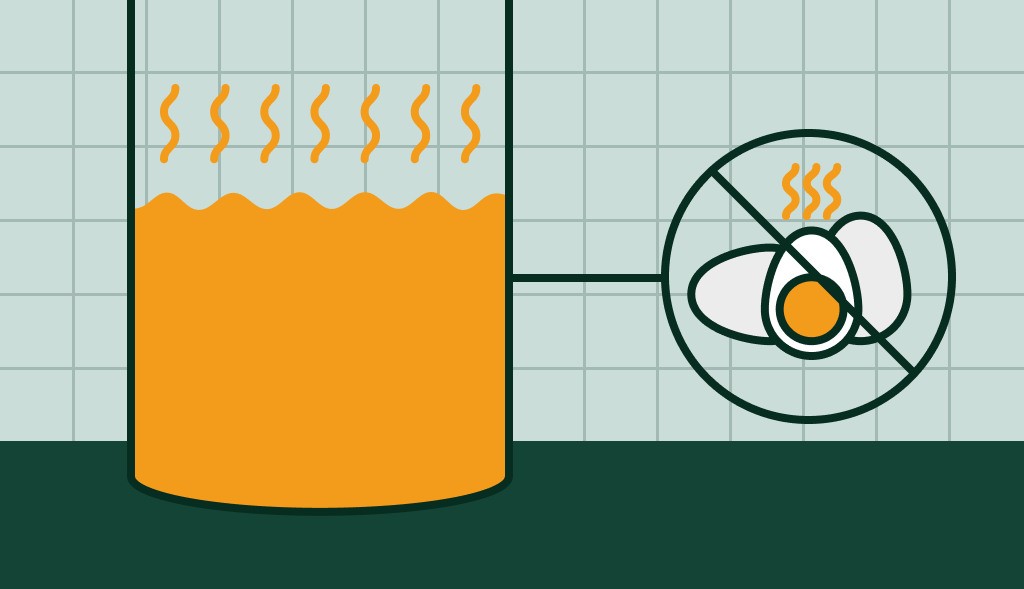 Water heater with rising heat lines and a crossed-out rotten egg icon, symbolizing removal of sulfur smell from hot water.
