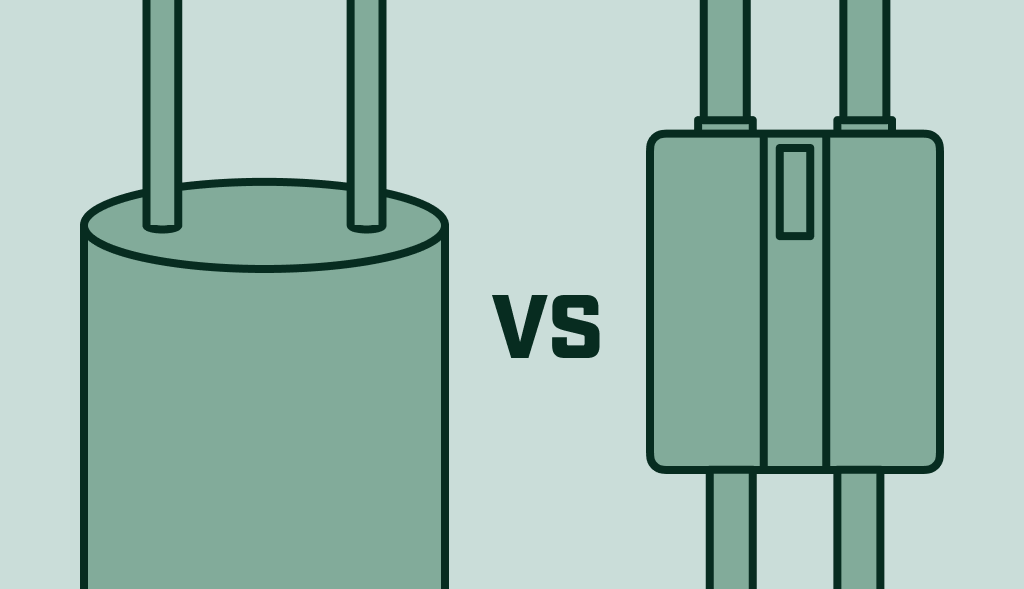 Illustration comparing a water heater and a tankless water heater ‘VS,’ suggesting a comparison between two water heater types.
