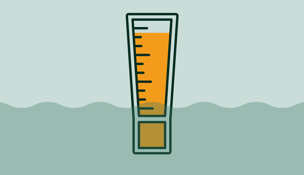 Thermometer shaped like an exclamation mark, filled with orange liquid, symbolizing heat, warning, or water temperature issue.