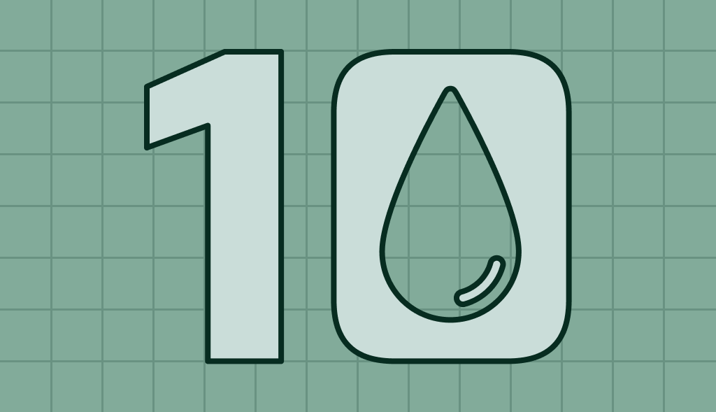Number ten with a water droplet inside the zero, symbolizing water-related measurement, rating, or duration.