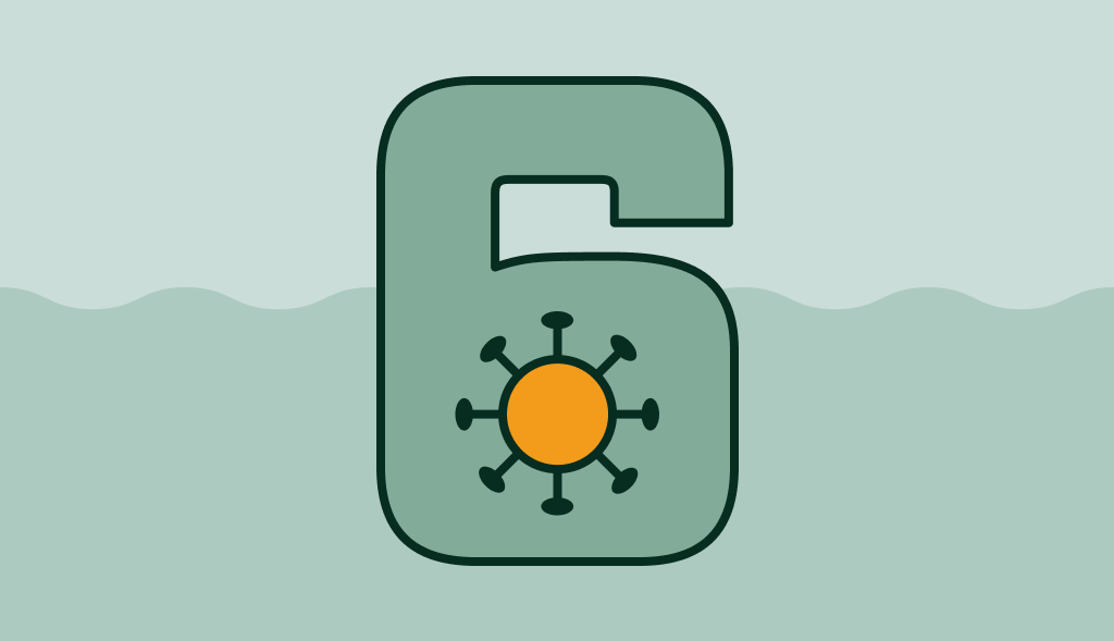 Number six with a small orange germ or bacteria icon inside, representing contamination or buildup in water.