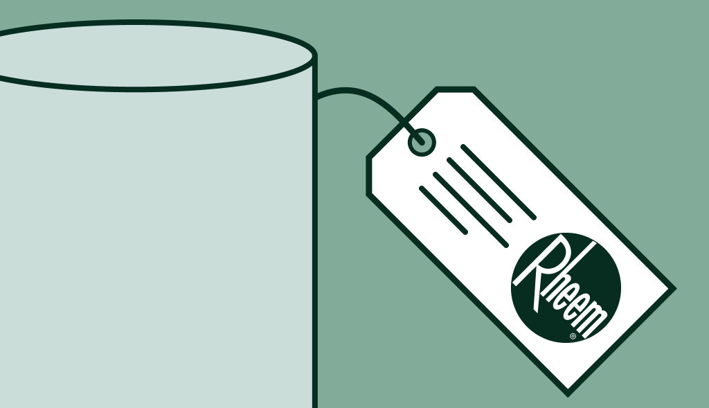 Water heater with a hanging tag displaying the Rheem logo, suggesting product identification or brand labeling.