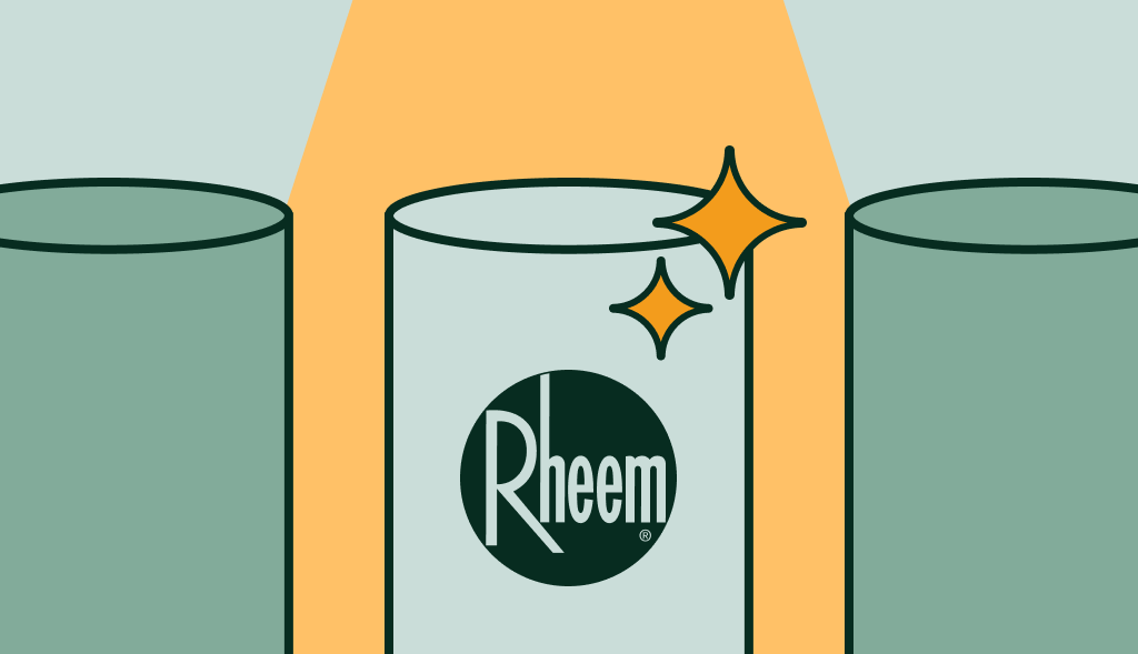Highlighted Rheem water heater shining between two others, symbolizing a standout or premium product choice.