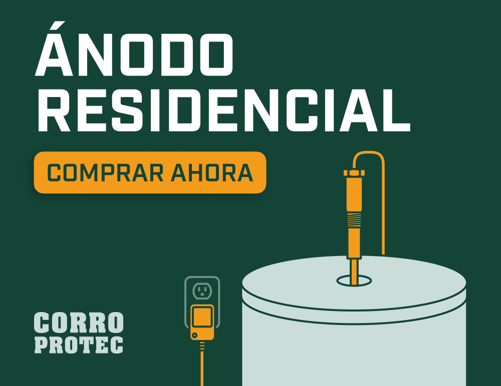 Ilustración de una varilla de ánodo eléctrica residencial Corro-Protec en un calentador de agua, con el botón “Comprar ahora”.
