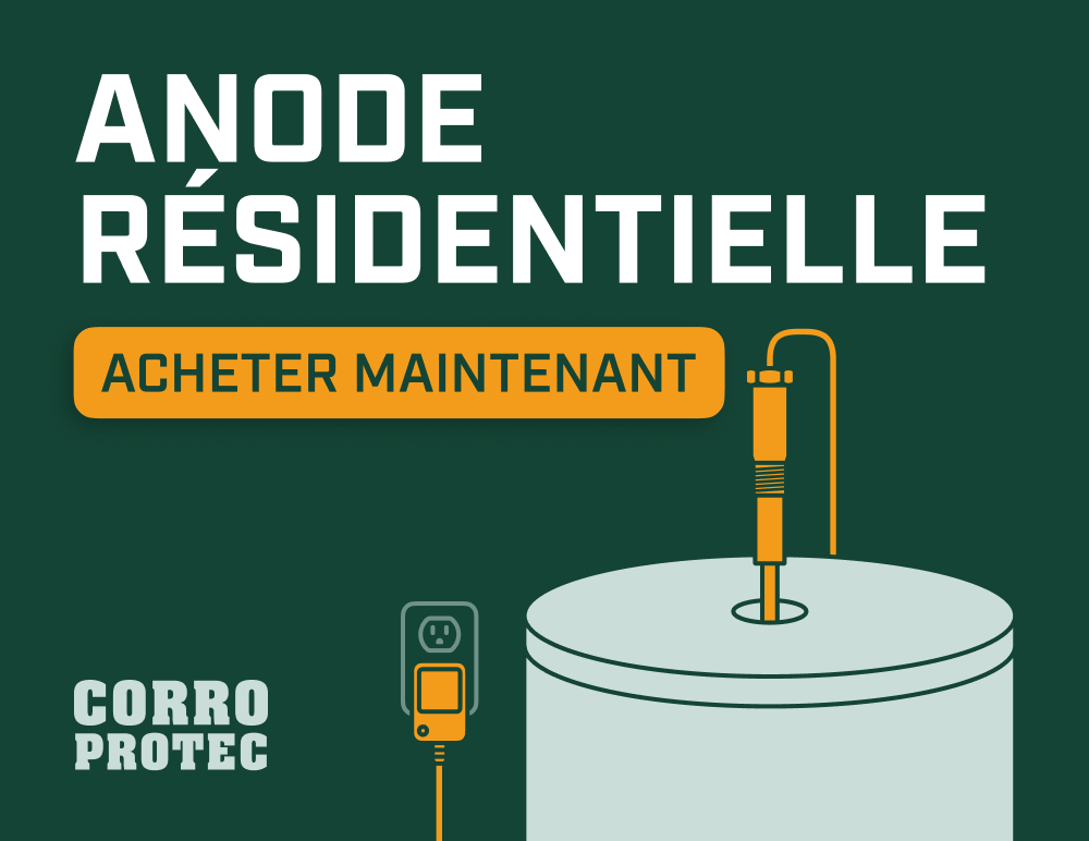 Illustration d’une anode résidentielle Corro-Protec installée sur un chauffe-eau, avec le bouton « Acheter maintenant ».