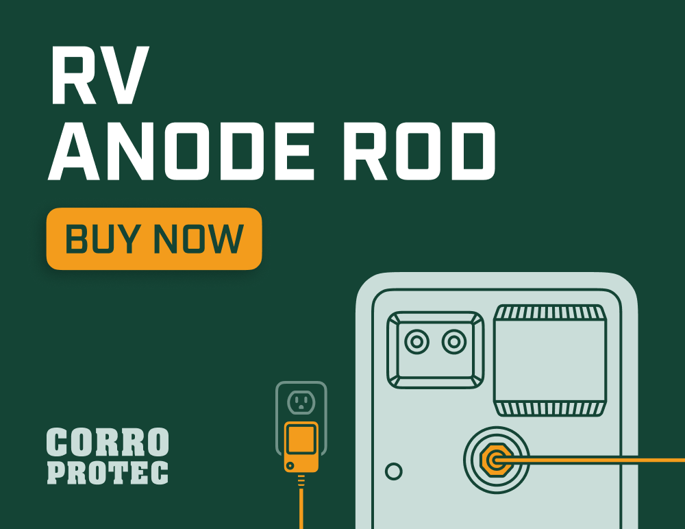 Graphic showing an RV powered anode rod connected to an RV water heater, with a “Buy Now” button and Corro-Protec branding.