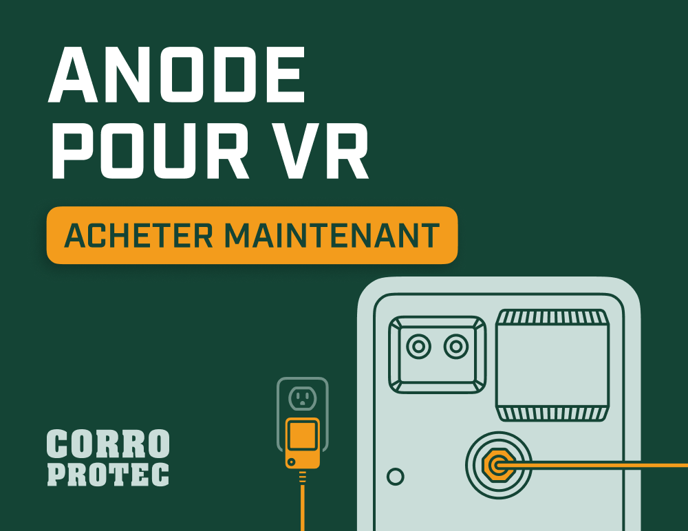 Illustration d’une anode électrique pour VR installée sur un chauffe-eau de VR, avec le bouton « Acheter maintenant » et la marque Corro-Protec.
