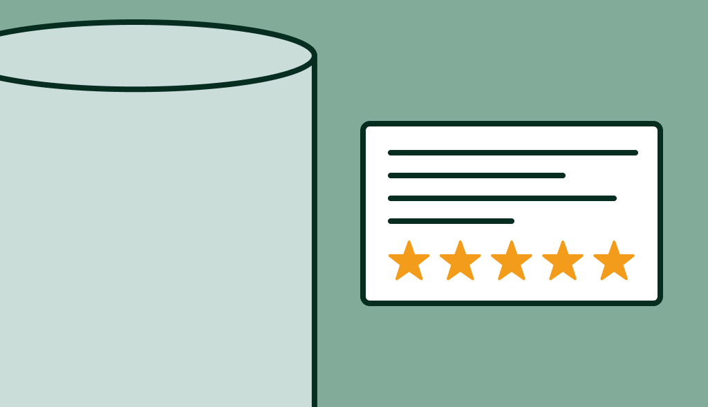 Water heater next to a review card showing five orange stars, symbolizing a top-rated product or customer satisfaction.