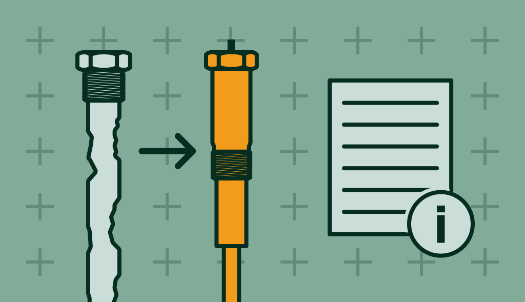 Illustration showing old anode rod replaced by new powered anode rod beside an info sheet, symbolizing a step-by-step guide.