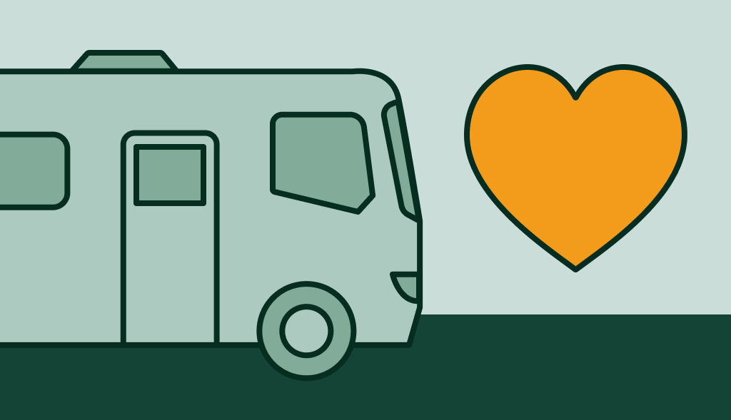 RV beside an orange heart, symbolizing how an anode rod helps extend your RV water heater’s lifespan.