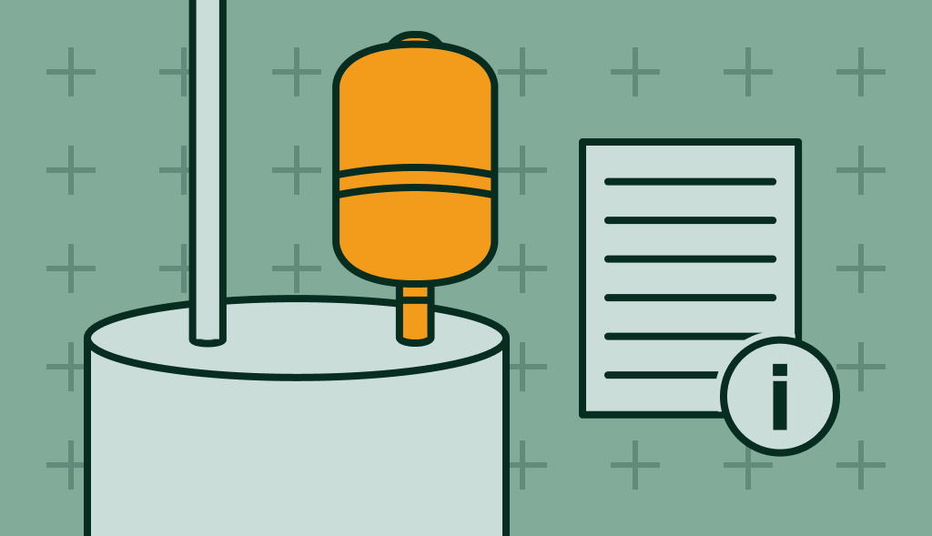Illustration of a water heater with an expansion tank and info sheet, showing how to install an expansion tank.
