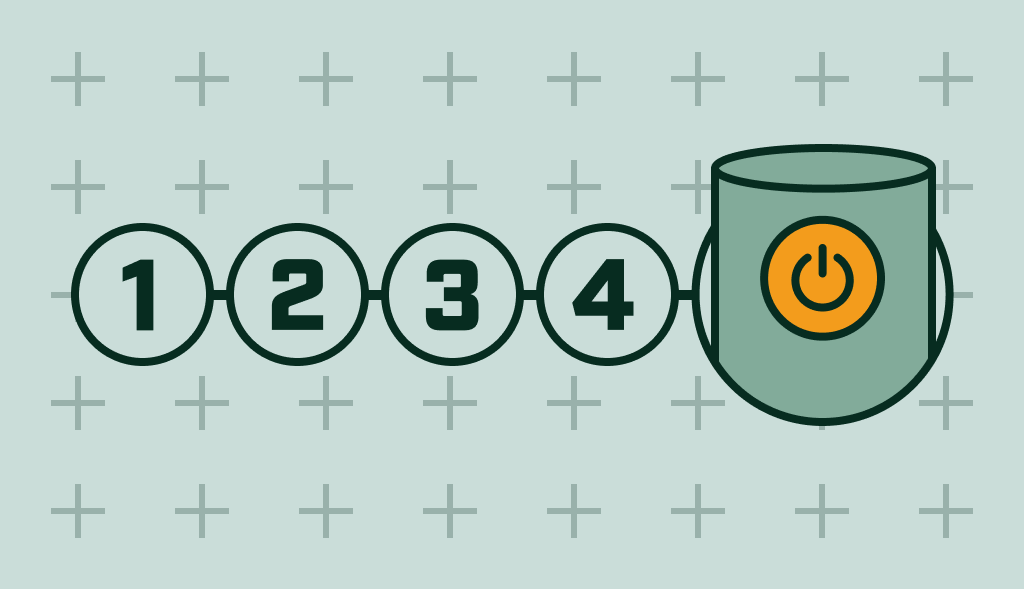 Illustration of a 5-step guide to turning off a water heater, with numbered circles leading to a final image of a water heater with an ON/OFF button.