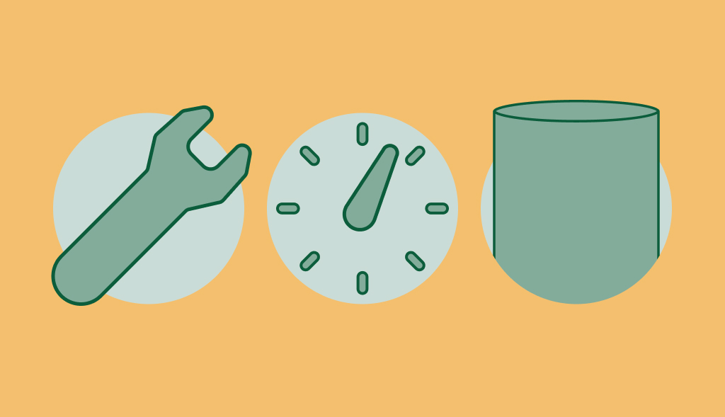 Illustration featuring a tank-style water heater, a set of plumbing tools, and a clock symbolizing the installation time.