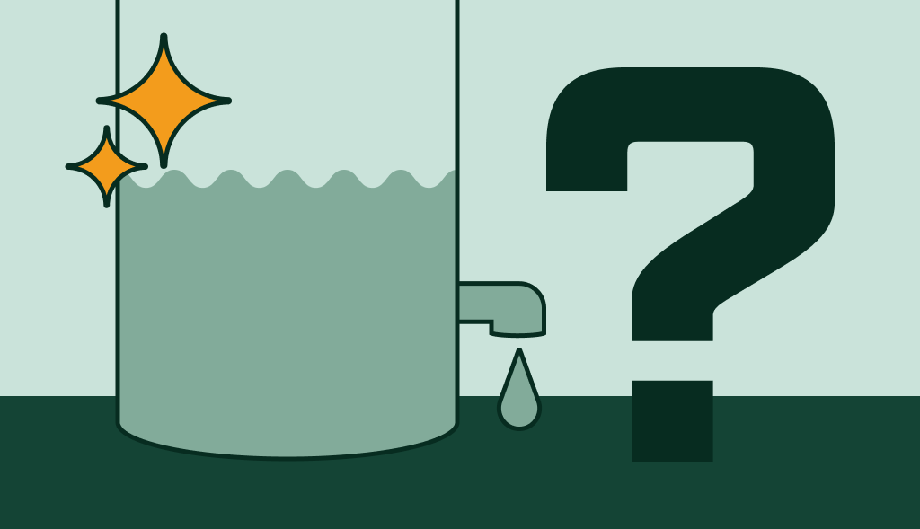 A new water heater with water coming from it with a question mark.