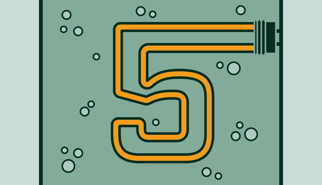 Number five shaped like a glowing heating element submerged in water with bubbles.