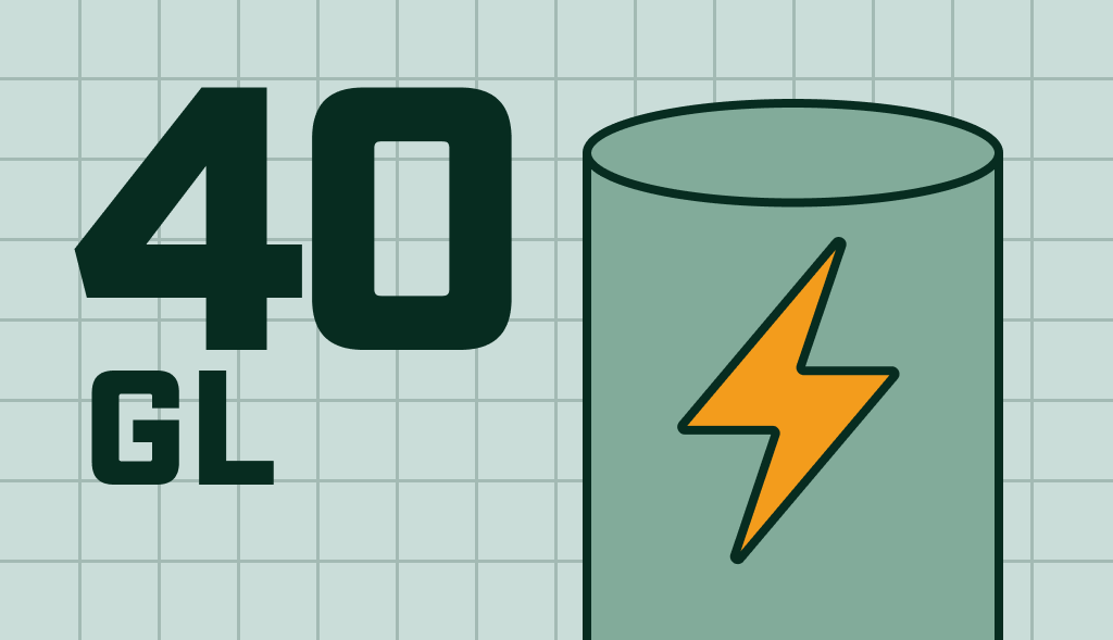 Electric water heater with a lightning bolt and the label ‘40 GL,’ indicating a 40-gallon electric model.