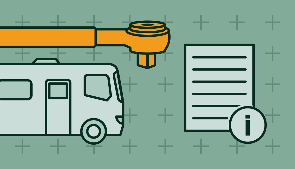 Illustration of an RV with a wrench and info sheet, representing a guide on RV hot water heater anode socket size.