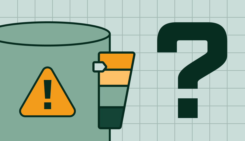 Water heater with warning sign and temperature gauge beside a question mark, indicating overheating risk.