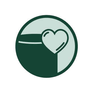 Stylized dark green circular icon with a heart overlapping a water heater.
