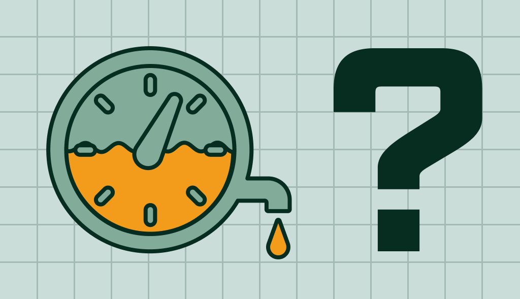 Clock with water inside and dripping drop beside a question mark, symbolizing how long it takes to drain a water heater.