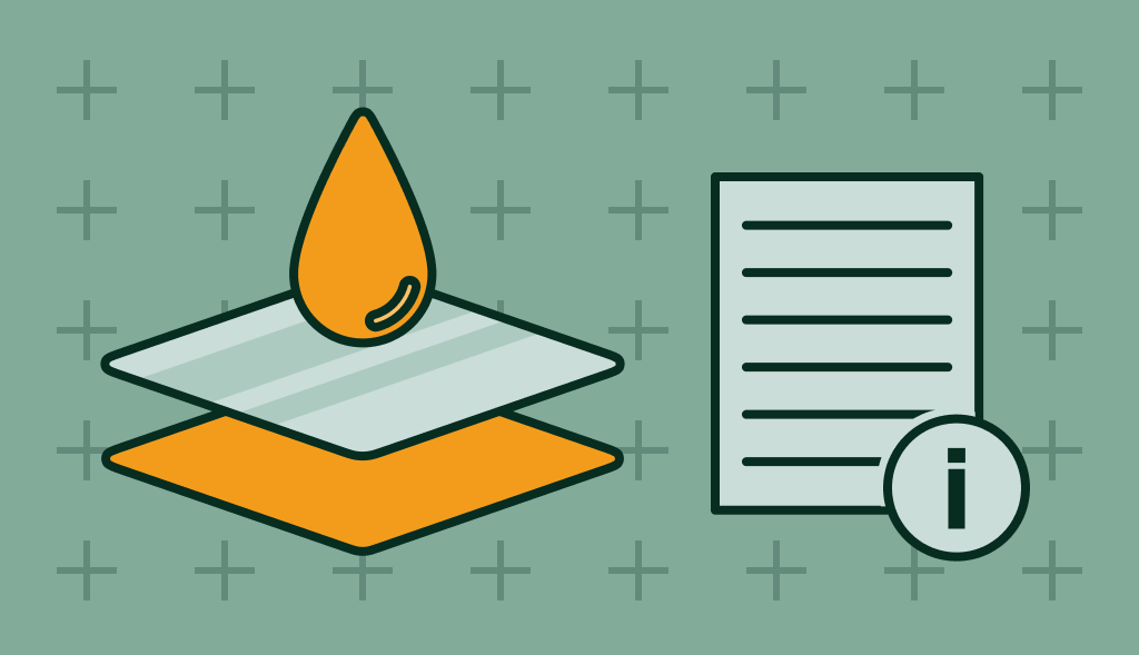 Illustration of layered glass lining with a water droplet and info sheet, representing a guide to glass-lined water heater tanks.