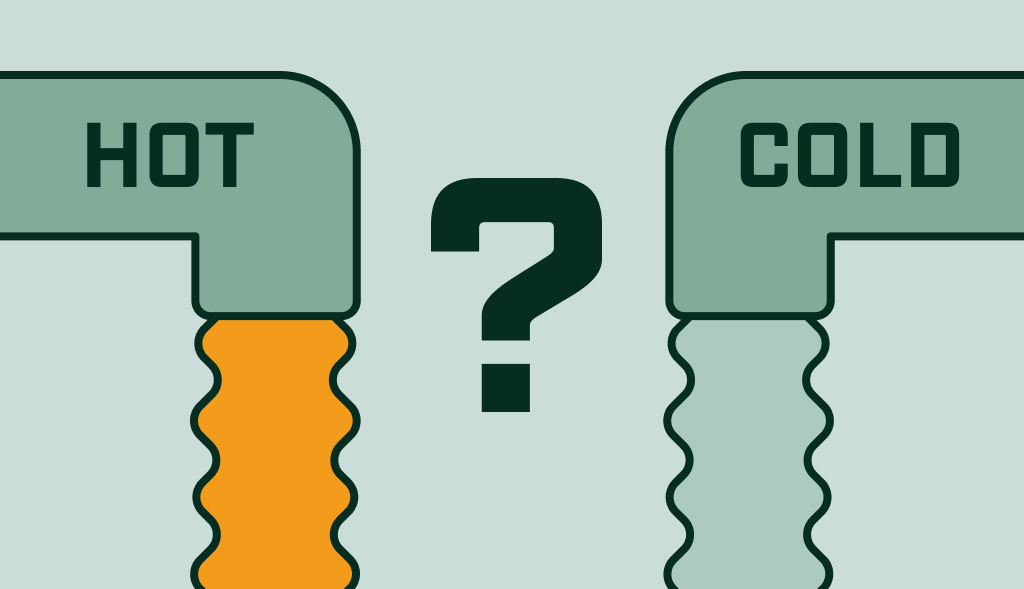 Two faucets with hot and cold labels. Dirty water comes from the hot one, clear water comes from the cold one.