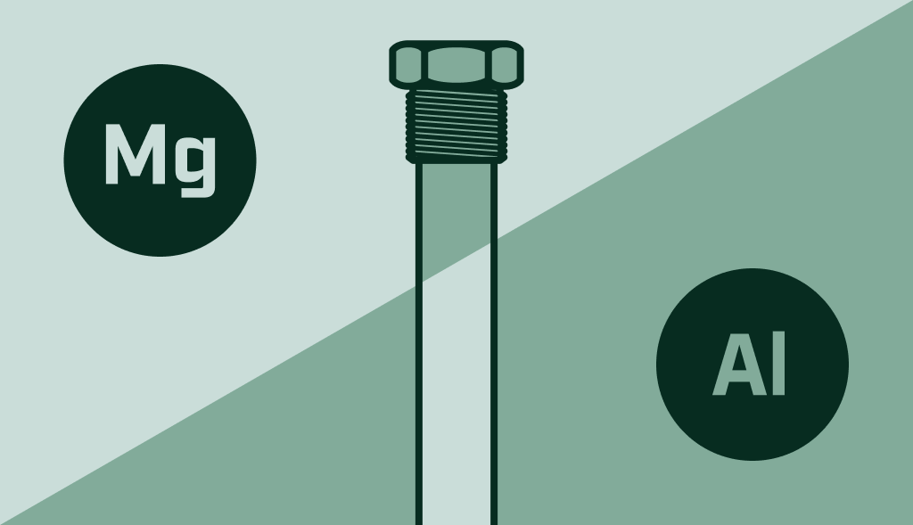 Anode rod illustration with Mg and Al symbols on each side, representing magnesium and aluminum anode rod comparison.