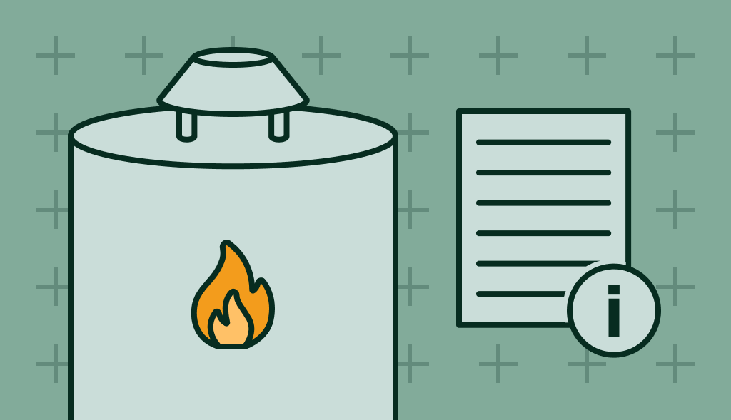 Gas water heater with flame icon next to an information sheet symbol, representing product or installation details.