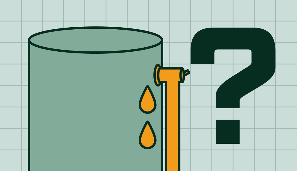 Water heater with pipe dripping water beside a large question mark, suggesting a leak or valve issue.