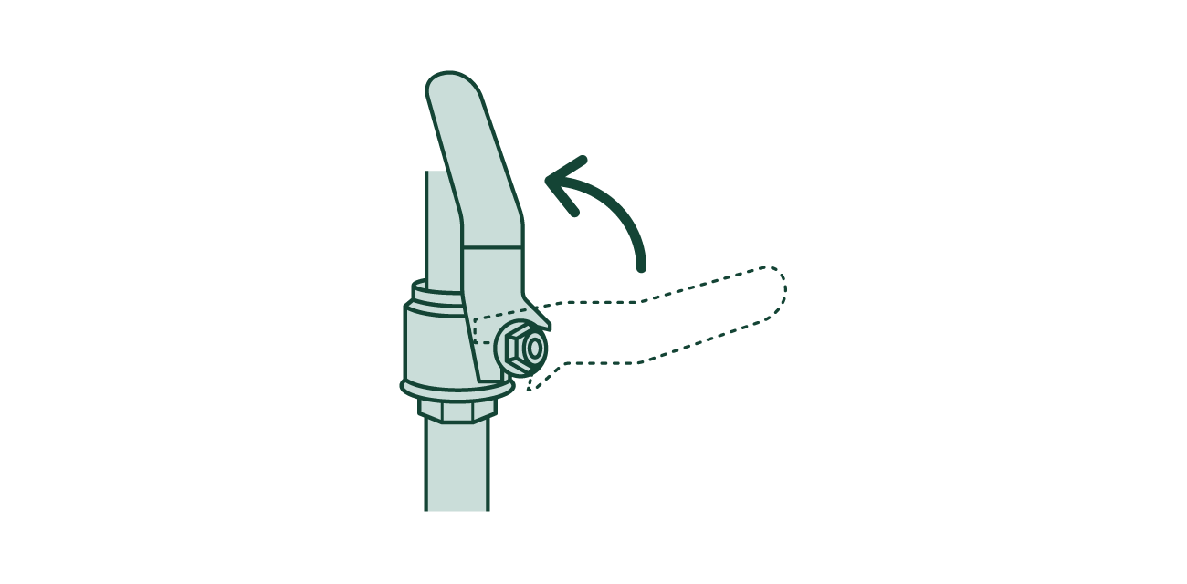 Poignée tournée dans le sens horaire pour ouvir la vanne à bille et couper l’eau.