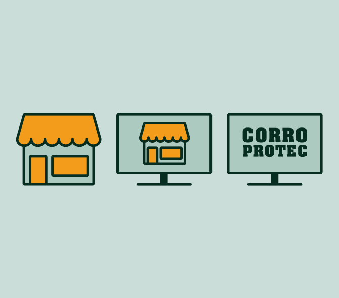 Three icons: a small store, a computer showing the store, and a computer with “CORRO PROTEC” on screen.