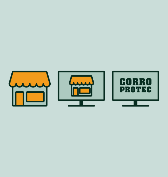 Three icons: a small store, a computer showing the store, and a computer with “CORRO PROTEC” on screen.