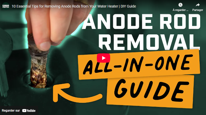 Corroded anode rod being removed from a water heater, with text: "Anode Rod Removal – All-in-One Guide.