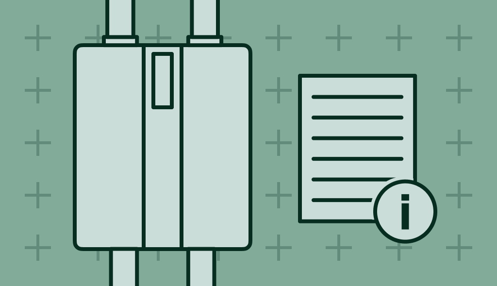 Tankless water heater next to an information sheet icon, symbolizing installation or product details.