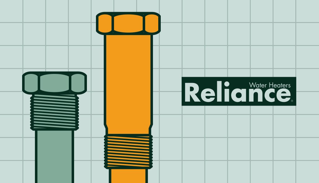 llustration of two anode rods, one orange and one green, with threaded ends on a grid background. To the right is the Reliance Water Heaters logo in white text on a dark green rectangle.