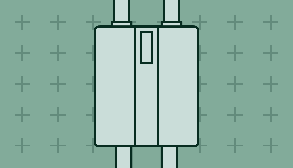 Illustration of a tankless water heater with inlet and outlet pipes on a green background.