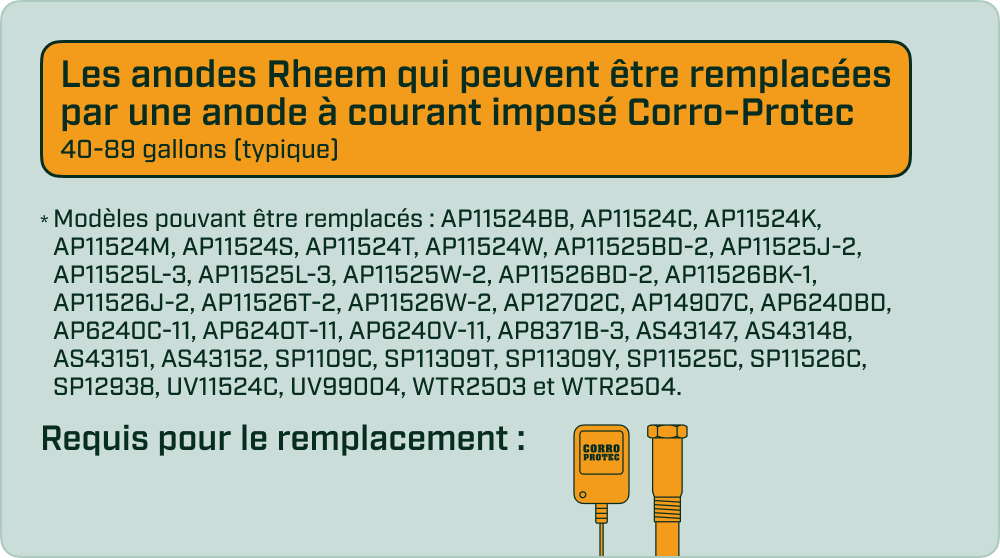 Remplacez facilement votre anode Rheem par une anode Corro-Protec pour réservoirs de 40 à 89 gallons. Protection durable et efficace.