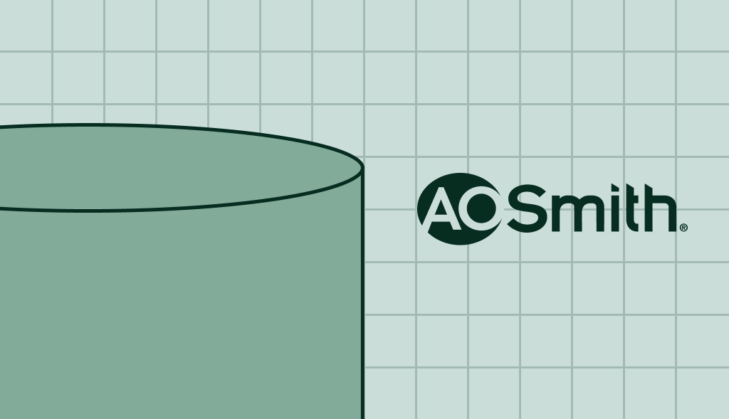 AO Smith water heater illustration with green cylindrical tank on a light blue grid background and AO Smith logo