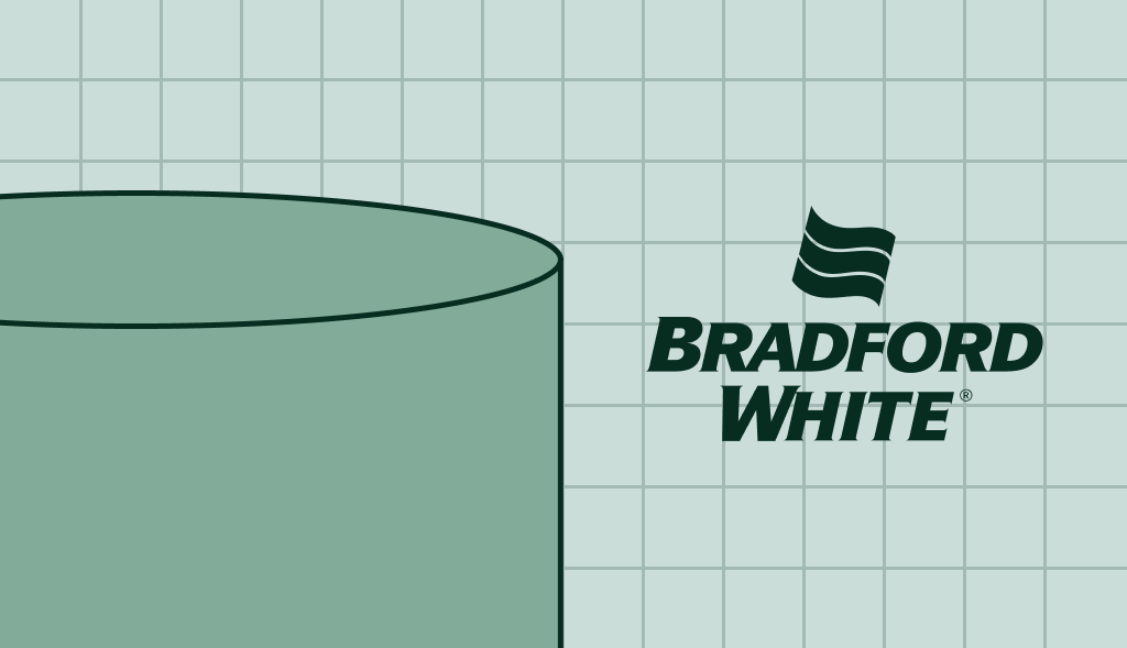 Bradford White water heater illustration with green cylindrical tank on a light blue grid background and BW logo