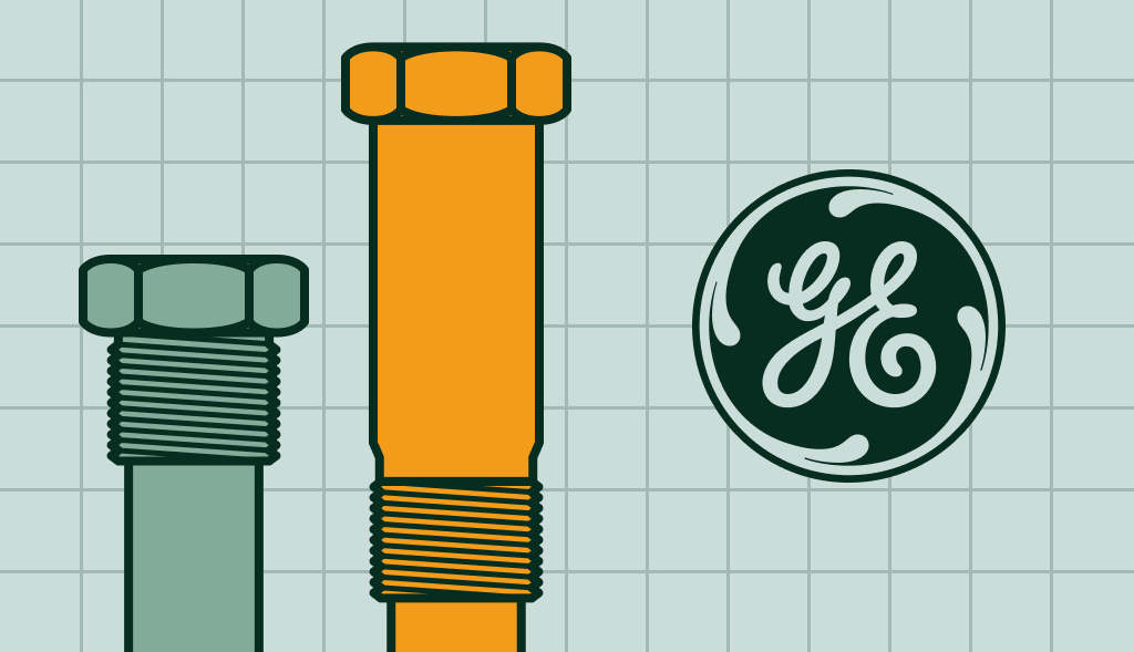Two anode rods of different sizes next to the GE Water Heaters logo.: one powered anode rod at the left and standard anode rod on the right.