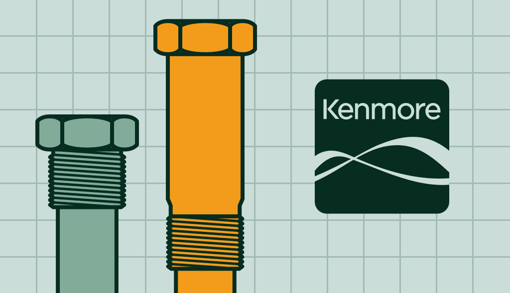 Two anode rods of different sizes next to the Kenmore Water Heaters logo.: one powered anode rod at the left and standard anode rod on the right.