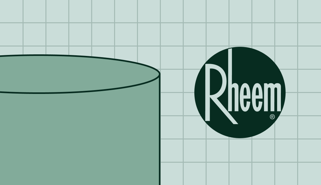 Bradford White water heater illustration with green cylindrical tank on a light blue grid background and Rheem logo