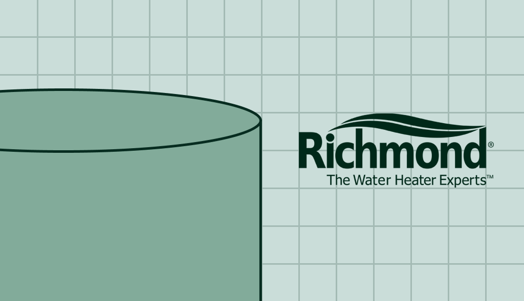 Richmond water heater illustration with green cylindrical tank on a light blue grid background and Richmond logo