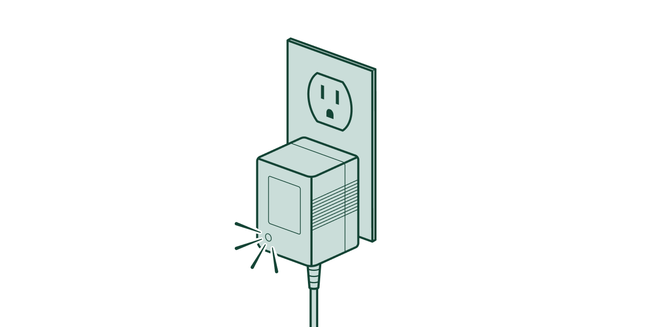 Illustration of a power adapter plugged into a wall outlet, with indicator lights showing it is powered on.