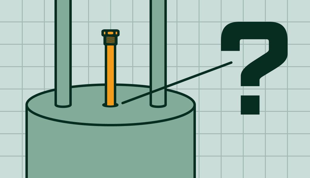 Water heater with highlighted anode rod and question mark, showing where the anode rod is located.