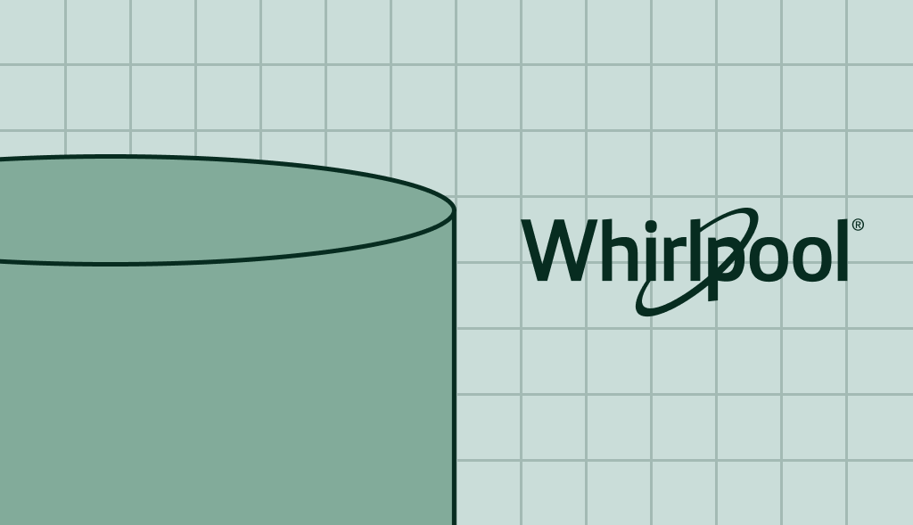 Whirlpool water heater illustration with green cylindrical tank on a light blue grid background and Whirlpool logo
