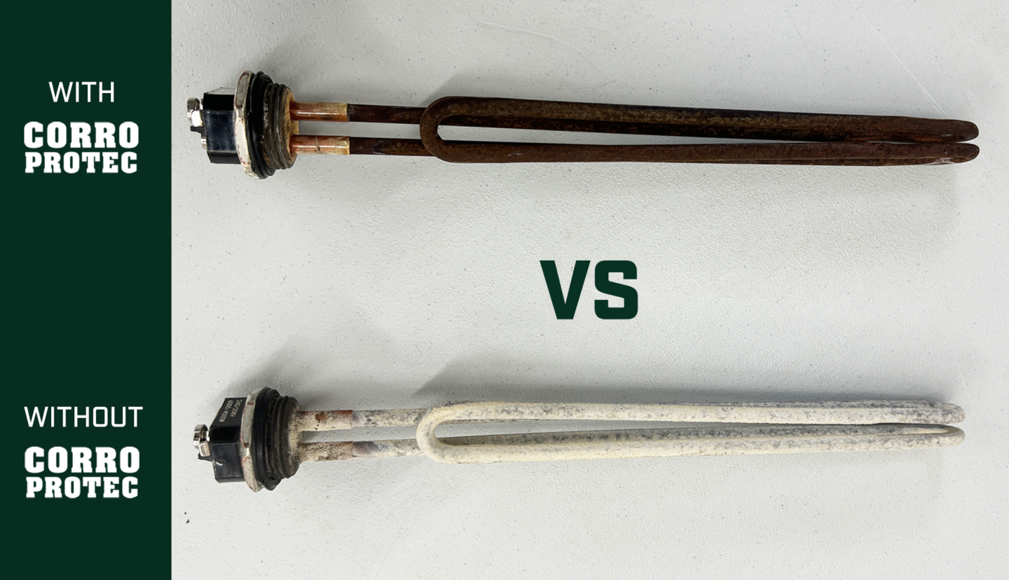 Comparison of water heater elements: top coated with corrosion, bottom covered in white limescale, showing Corro-Protec effect.