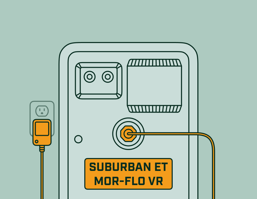 Anode à courant imposé installée dans le port du chauffe-eau Suburban ou Mor-Flo VR, avec panneau extérieur et bloc d’alimentation visibles.